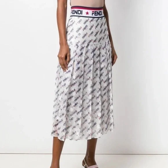 FENDI Mania Peated Midi Skirt Red Blue White Silk Blend Size XXS Designer Luxury - Picture 2 of 13